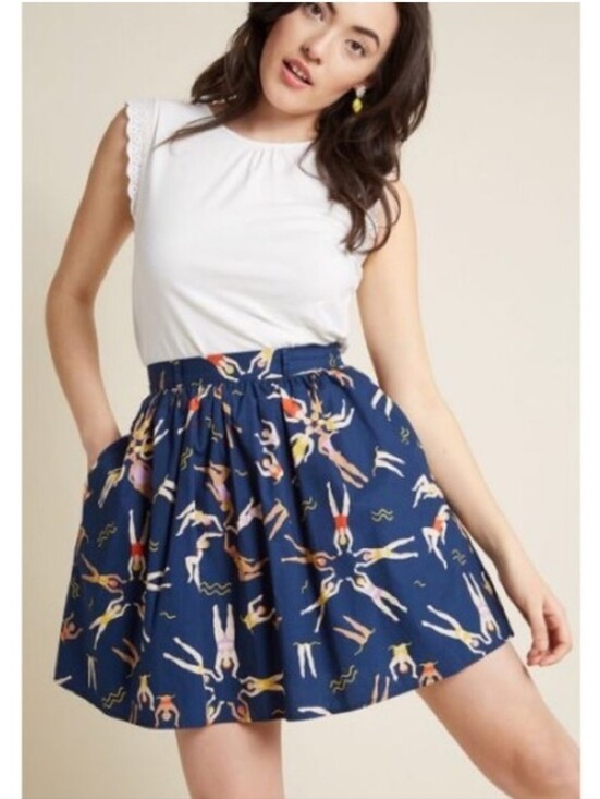 Modcloth Dresses & Skirts - ModCloth Synchronized Swimmers Pleated Cotton Skirt Navy Medium